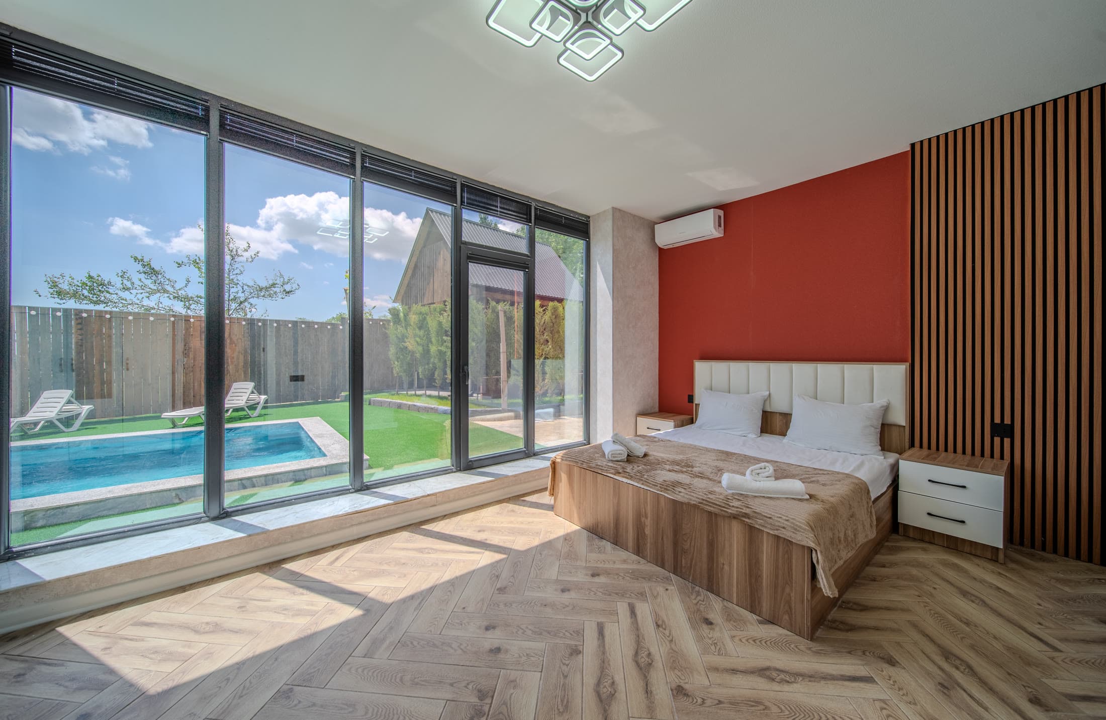 Master bedroom with pool view